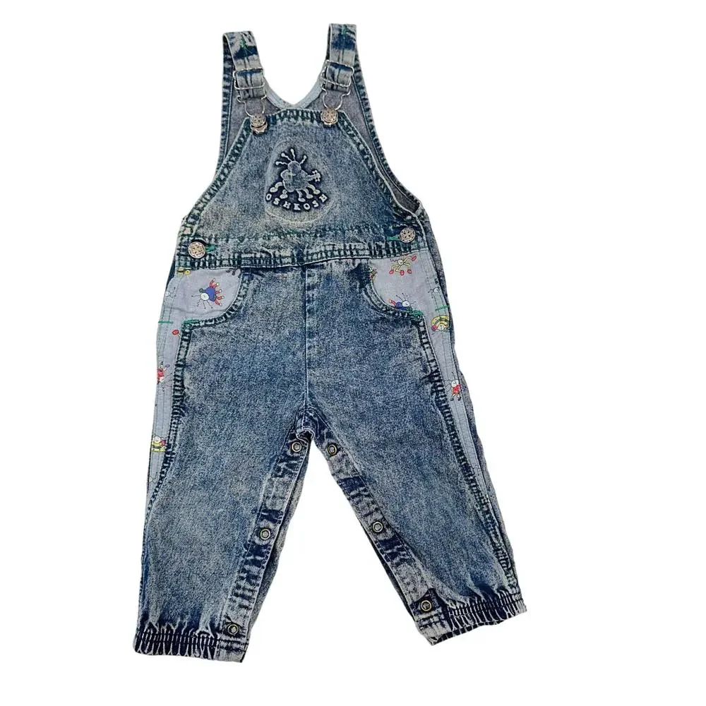 Vtg OshKosh B'Gosh USA Made Acid Wash Overalls 24 Months 3D Bugs sz 18 mo.